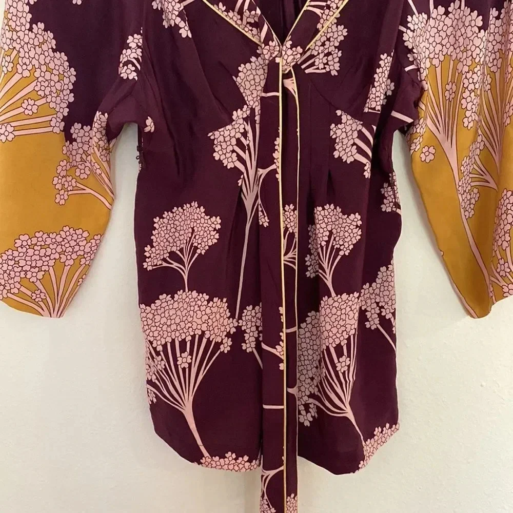 Rebecca Taylor sz 0 silk kimono style blouse w/ tie, burgundy pink and marigold